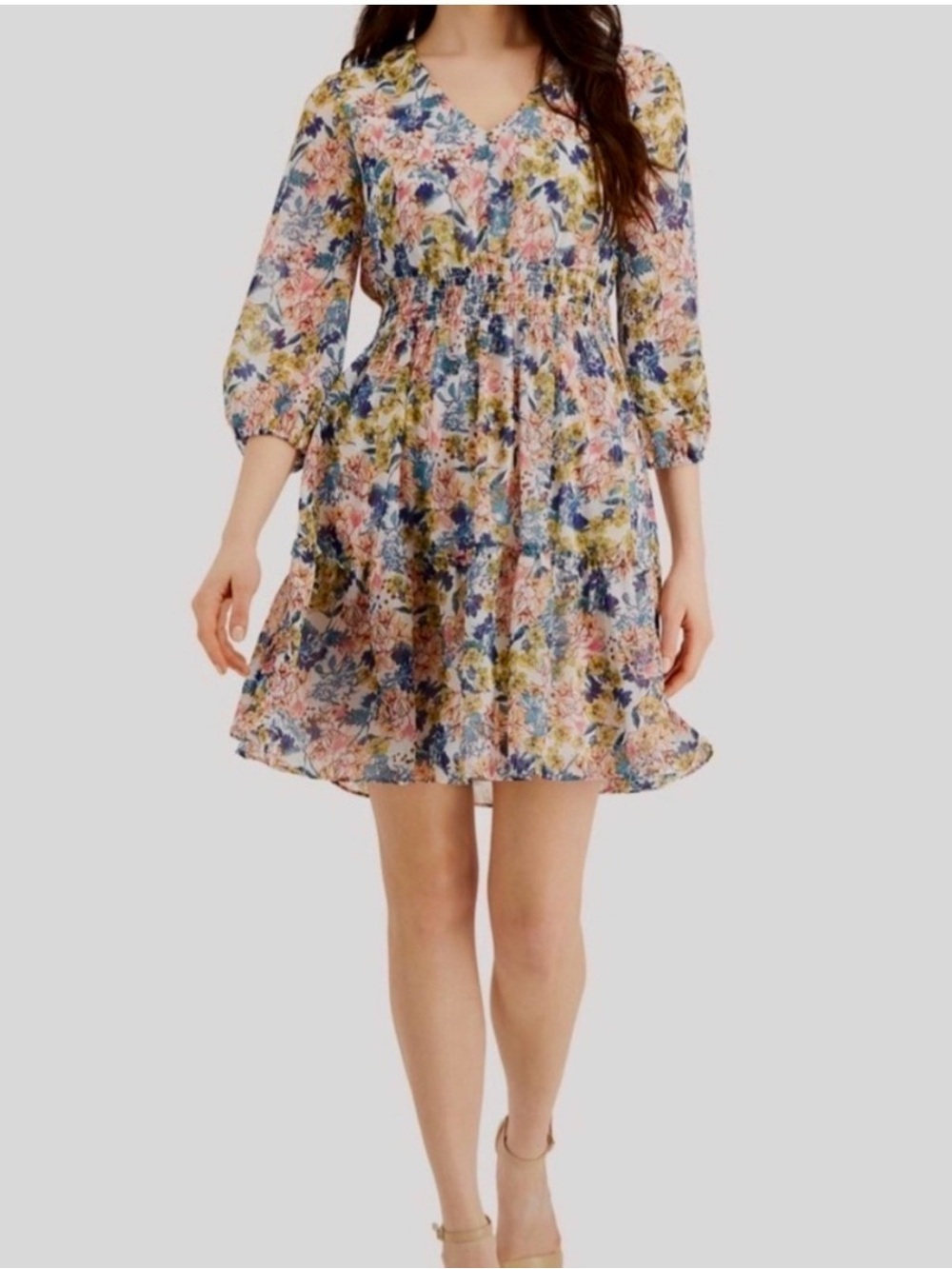 Taylor | Floral V-Neck Long Sleeve Tiered Ruffle Hem Dress- Size M